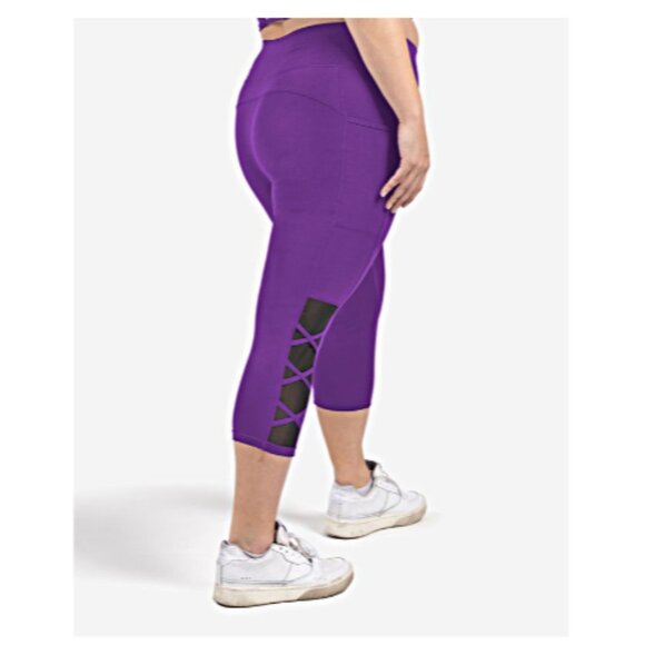 POP Fit Lily Criss-Cross Mesh Detail Pocketed Leggings in Purple ~S - Picture 2 of 10